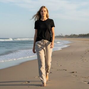 Basic Editions Vintage Women's S Linen Cotton Beach Button Fly Drawstring Pants